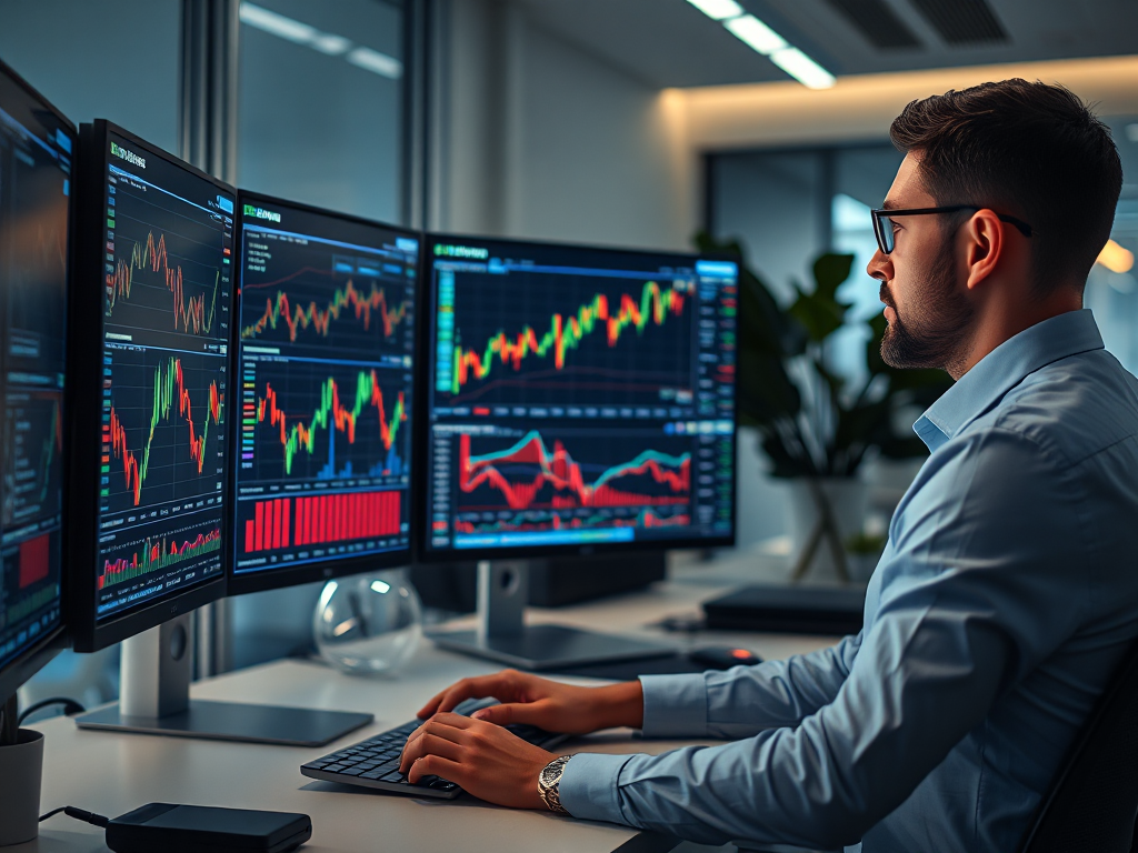 Người giao dịch chuyên nghiệp phân tích biểu đồ tiền điện tử trên nhiều màn hình máy tính trong văn phòng hiện đại với ánh sáng dịu nhẹ và giao diện kỹ thuật số