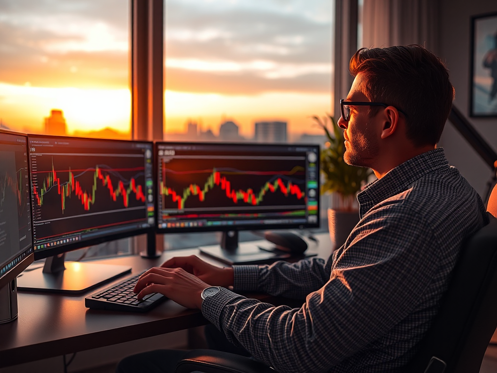 Người giao dịch tiền điện tử đang phân tích biểu đồ giá BNB trên nhiều màn hình máy tính trong văn phòng gia đình hiện đại với ánh sáng ấm áp buổi tối