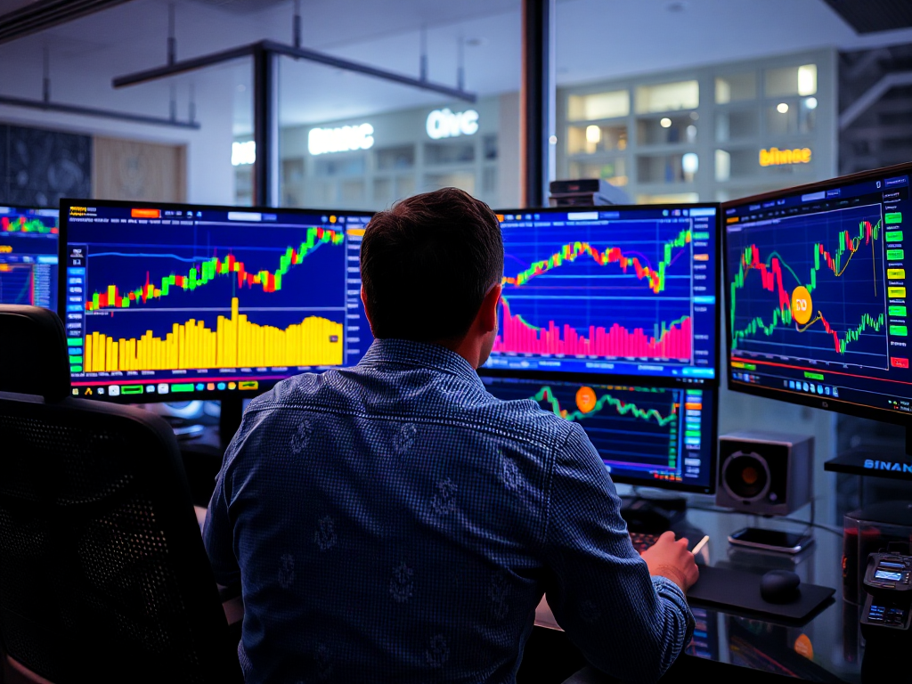 Người giao dịch tiền điện tử phân tích biểu đồ Binance Coin trên nhiều màn hình trong không gian giao dịch hiện đại với ánh sáng kỹ thuật số sống động