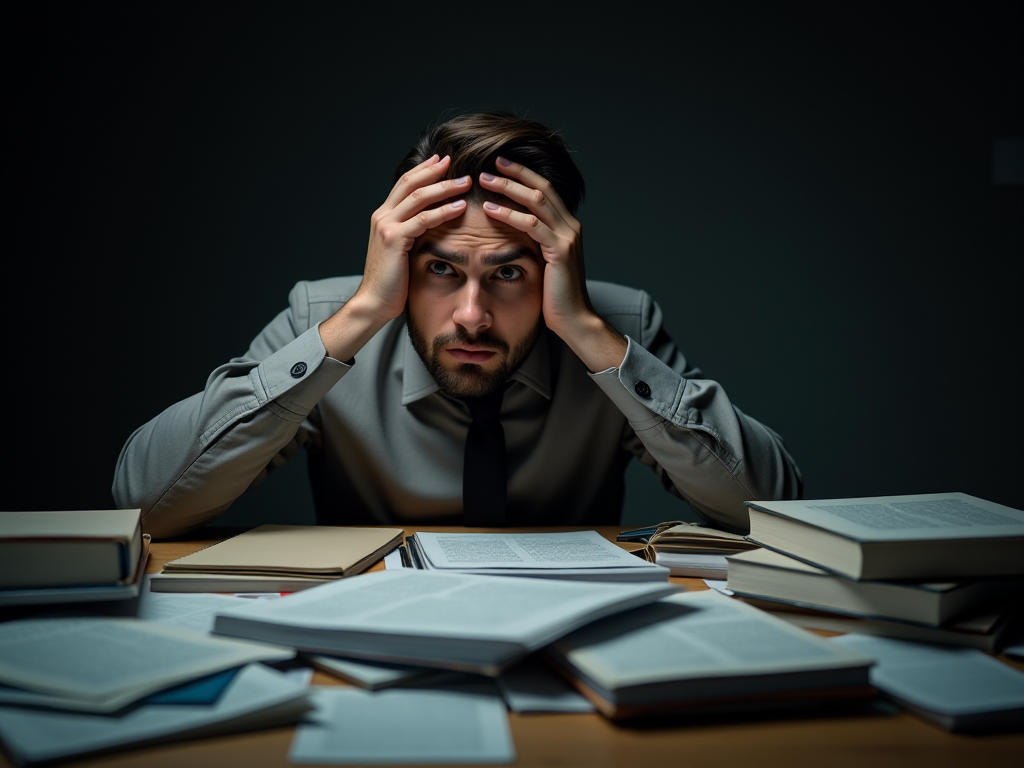 Người học SEO bối rối với sách vở và tài liệu rải rác trên bàn làm việc, biểu cảm thất vọng trong ánh sáng mờ ảo, phong cách hiện thực