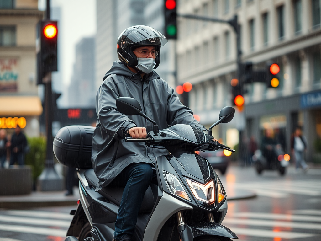 Người lái xe máy điện VinFast đang di chuyển trong điều kiện mưa, đội mũ bảo hiểm và mặc áo mưa, xung quanh là phố xá thành phố với đèn giao thông và các tòa nhà mờ ảo