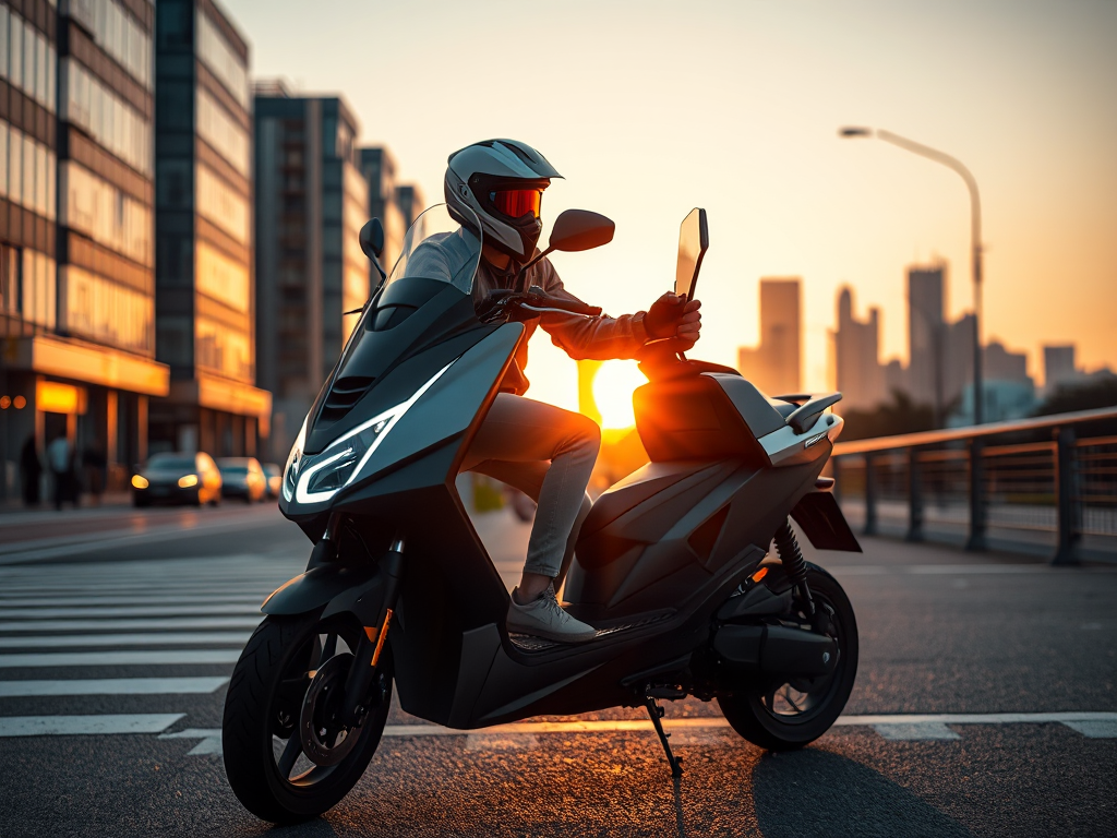 Người lái xe máy điện VinFast đang điều chỉnh các chức năng trên xe trong bối cảnh đô thị hiện đại với ánh sáng hoàng hôn, minh họa cho hướng dẫn sử dụng xe máy điện VinFast