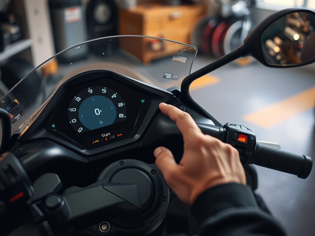 Người lái xe máy điện VinFast đang nhấn nút khởi động trên bảng điều khiển trong không gian gara, ánh sáng dịu nhẹ tạo cảm giác hiện đại và an toàn