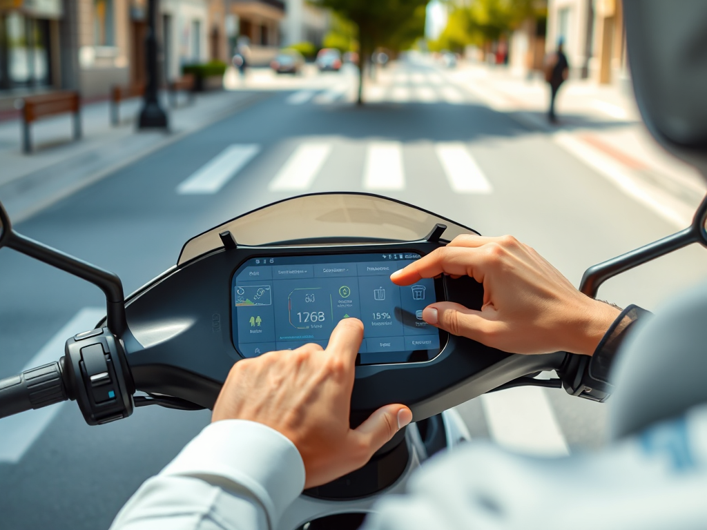 Người lái xe máy điện VinFast đang tương tác với màn hình thông minh trên bảng điều khiển, hiển thị các tính năng công nghệ cao, phố xá thành phố hiện đại ở phía sau