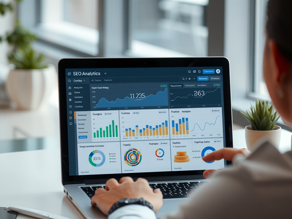 Người làm việc với máy tính xách tay hiển thị bảng phân tích SEO với biểu đồ và số liệu thống kê trong không gian làm việc hiện đại