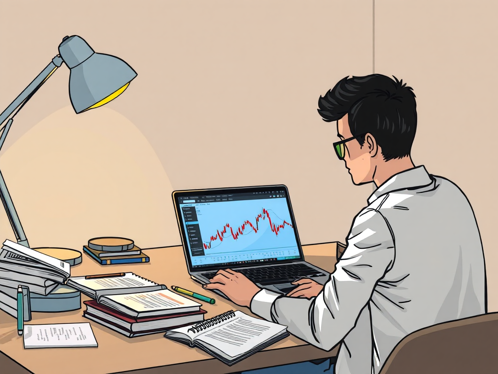 Người mới bắt đầu ngồi làm việc với laptop hiển thị biểu đồ tiền điện tử, bên cạnh có sổ tay và tài liệu hướng dẫn giao dịch BNB Coin