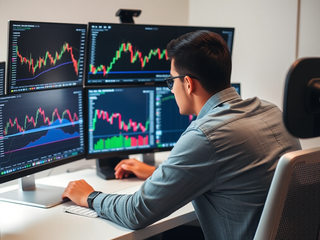 Người mới bắt đầu phân tích kỹ thuật BNB Coin trên nhiều màn hình máy tính với biểu đồ nến và chỉ báo kỹ thuật trong không gian làm việc hiện đại