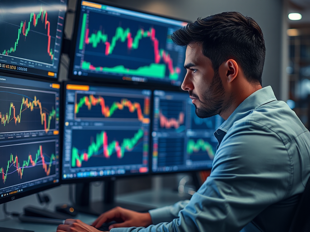 Nhà giao dịch đang phân tích biểu đồ giá Binance Coin trên nhiều màn hình máy tính trong không gian giao dịch chuyên nghiệp