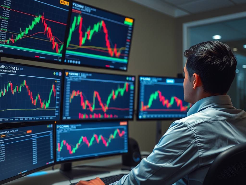 Nhà giao dịch tiền điện tử đang phân tích biểu đồ giá BNB trên nhiều màn hình máy tính, hiển thị các mẫu nến và dữ liệu thị trường trong không gian làm việc hiện đại