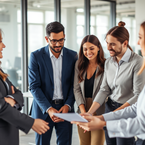 Nhóm chuyên gia kinh doanh làm việc cùng nhau trong văn phòng hiện đại, thể hiện tinh thần hợp tác và làm việc nhóm trong môi trường chuyên nghiệp