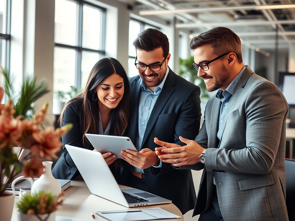 Nhóm chuyên gia làm việc cùng nhau trên dự án số trong văn phòng hiện đại với ánh sáng tự nhiên, thể hiện dịch vụ thông công chuyên nghiệp