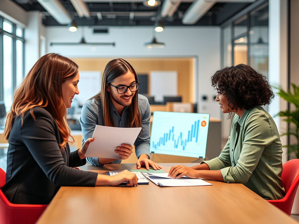 Nhóm chuyên gia marketing đang thảo luận chiến lược số trong văn phòng hiện đại với ánh sáng tự nhiên và màn hình hiển thị dữ liệu