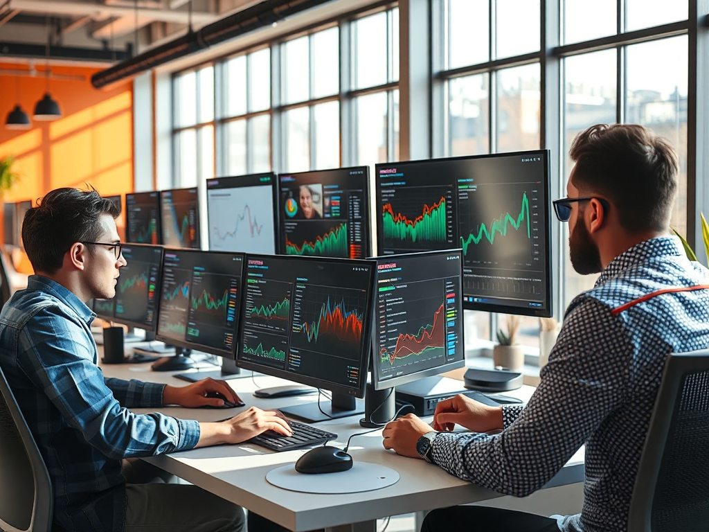 Nhóm chuyên gia marketing kỹ thuật số làm việc với chiến lược SEO trong văn phòng hiện đại, nhiều màn hình máy tính hiển thị dữ liệu phân tích, ánh sáng tự nhiên từ cửa sổ lớn