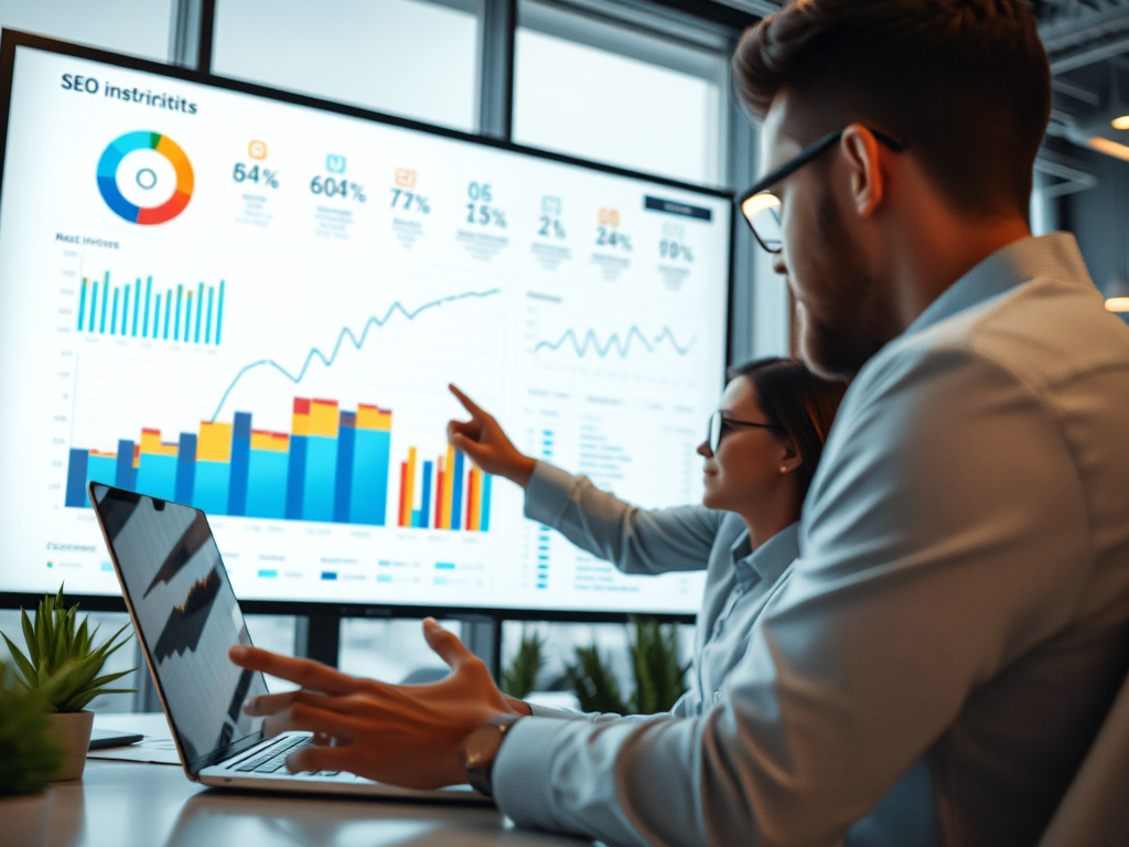 Nhóm chuyên gia phân tích dữ liệu SEO trên màn hình lớn trong văn phòng hiện đại, đo lường chiến lược SEO hiệu quả và tối ưu liên tục