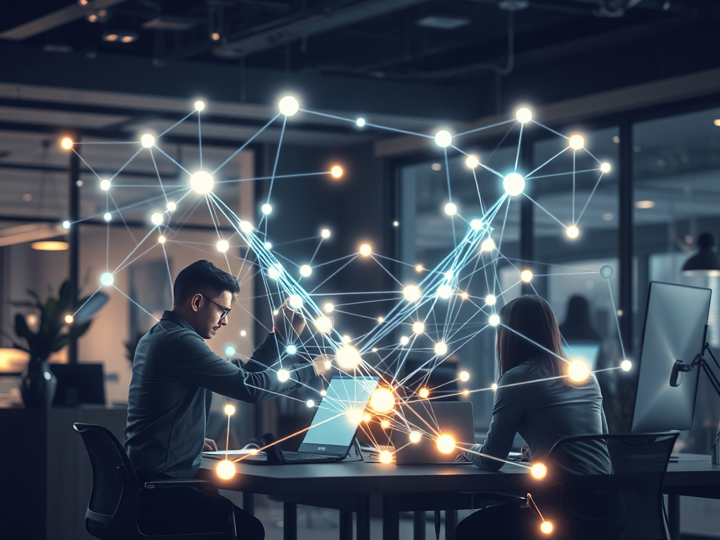 Nhóm chuyên gia SEO xây dựng liên kết website với các nút kết nối mạng lưới trong không gian làm việc hiện đại, ánh sáng dịu nhẹ tạo cảm giác chuyên nghiệp