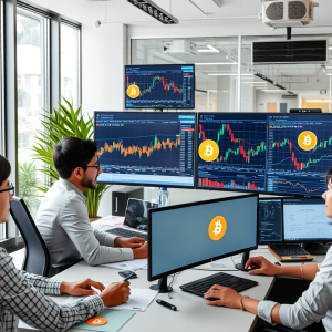 Nhóm chuyên gia tài chính Việt Nam phân tích biểu đồ tiền mã hóa Bitcoin và NFT trên nhiều màn hình máy tính trong văn phòng hiện đại với ánh sáng tự nhiên