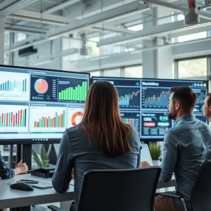 Nhóm chuyên gia tiếp thị kỹ thuật số phân tích dữ liệu SEO trên màn hình lớn trong văn phòng hiện đại với ánh sáng tự nhiên và biểu đồ trực quan