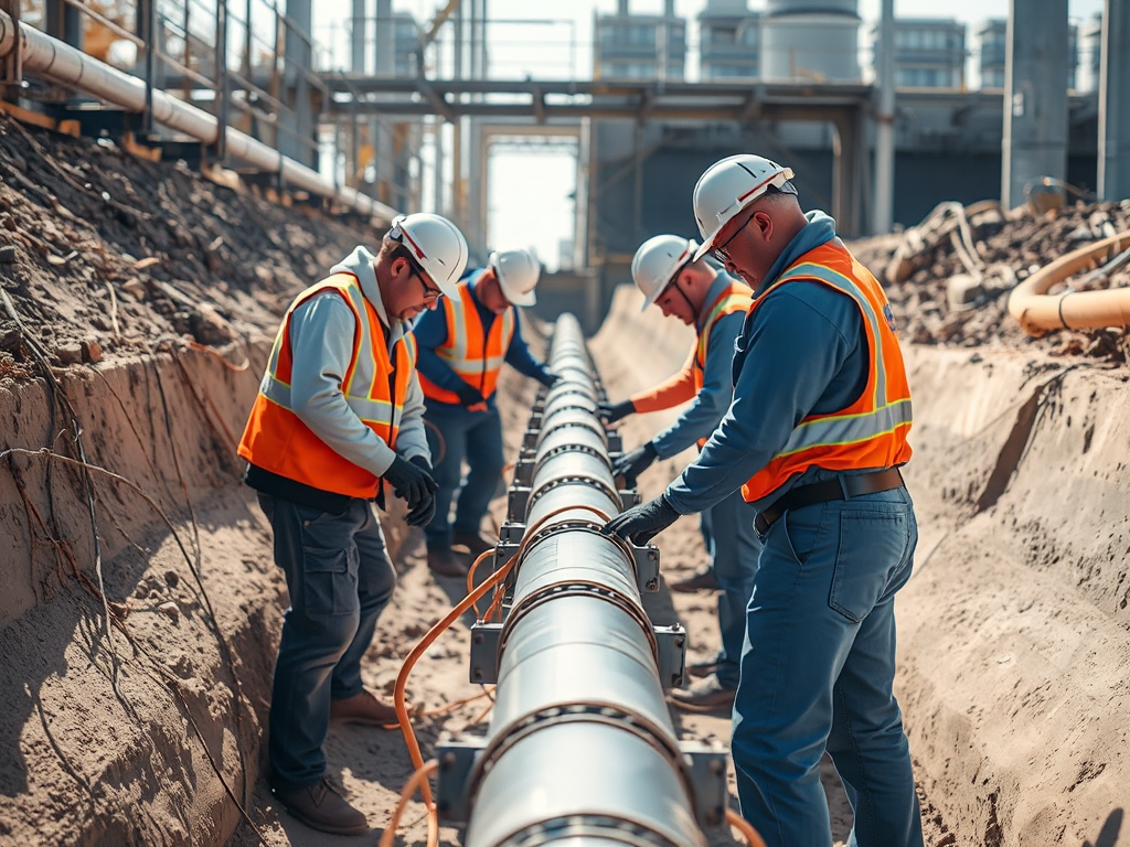 Nhóm kỹ sư đang thực hiện bảo trì hệ thống đường ống ngầm với trang thiết bị an toàn chuyên nghiệp trong điều kiện ánh sáng ban ngày