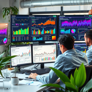 Nhóm làm việc SEO trong văn phòng hiện đại với nhiều màn hình hiển thị dữ liệu, cây xanh và ánh sáng tự nhiên tạo cảm hứng sáng tạo