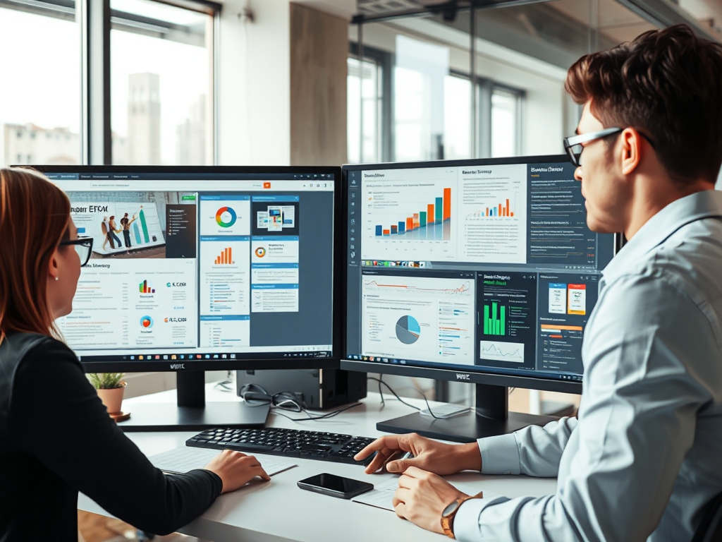 Nhóm marketing kỹ thuật số phân tích cấu trúc website và các yếu tố SEO trên nhiều màn hình máy tính trong văn phòng hiện đại với ánh sáng tự nhiên