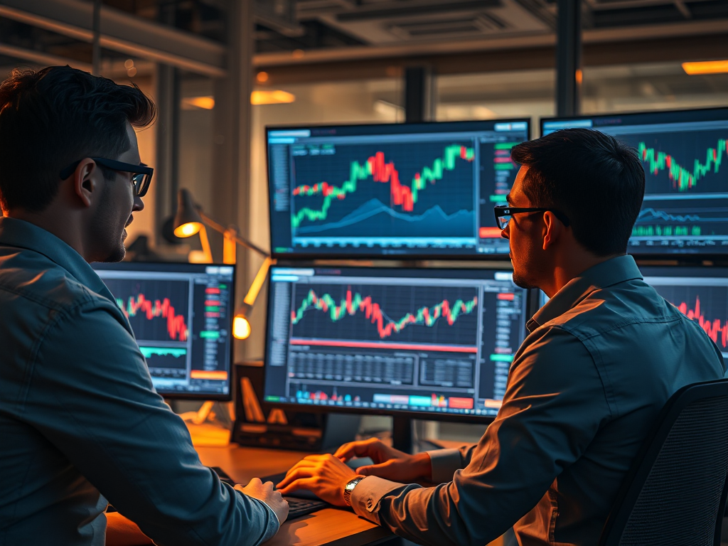 Nhóm nhà đầu tư phân tích biểu đồ tiền điện tử trên nhiều màn hình máy tính trong văn phòng hiện đại với ánh sáng ấm áp