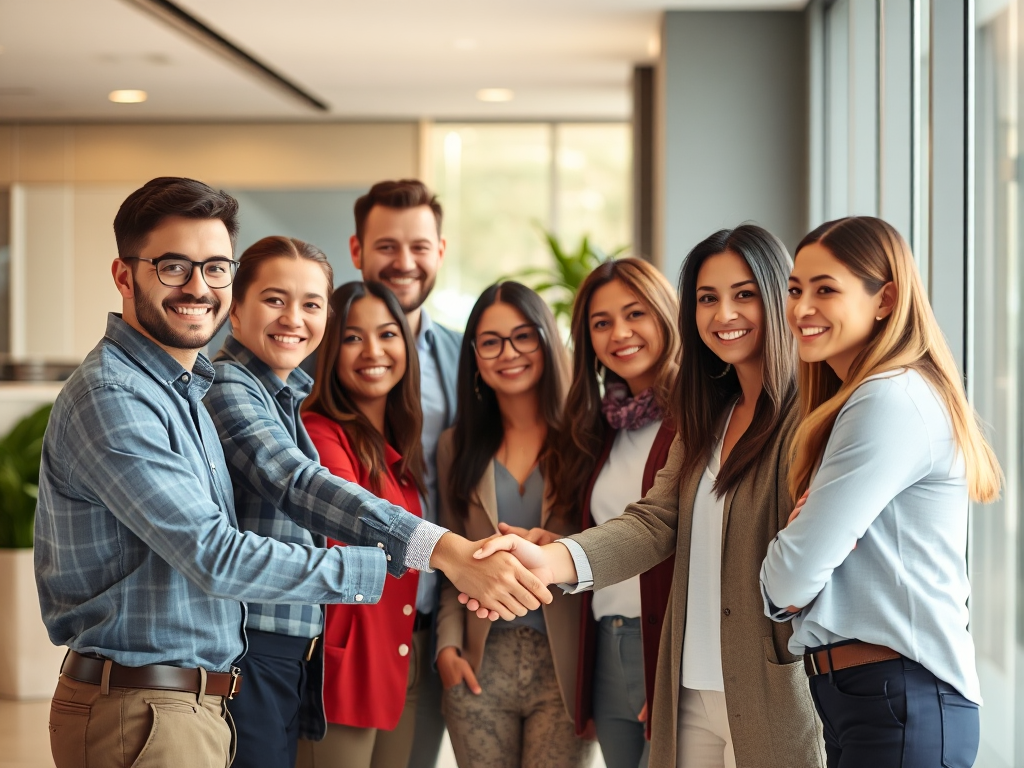 Nhóm nhân viên đa dạng bắt tay nhau trong văn phòng hiện đại với ánh sáng tự nhiên ấm áp, thể hiện sự hợp tác và kết nối