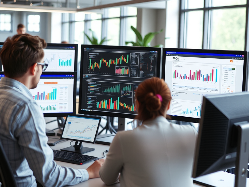 Nhóm tiếp thị kỹ thuật số phân tích dữ liệu SEO trên nhiều màn hình máy tính trong văn phòng hiện đại với ánh sáng tự nhiên và không gian làm việc chuyên nghiệp