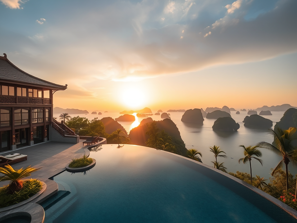 Resort cao cấp với hồ bơi vô cực nhìn ra vịnh Hạ Long, kiến trúc Việt Nam truyền thống, hoàng hôn vàng rực, cảnh quan nhiệt đới và biển êm đềm