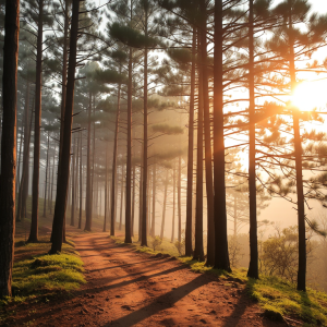 Rừng thông Bản Áng Mộc Châu với những cây thông cao vút dọc theo lối đi đất, sương mù buổi sáng tạo không khí huyền ảo, ánh nắng vàng rực rỡ xuyên qua tán lá, khung cảnh núi non yên bình phía xa