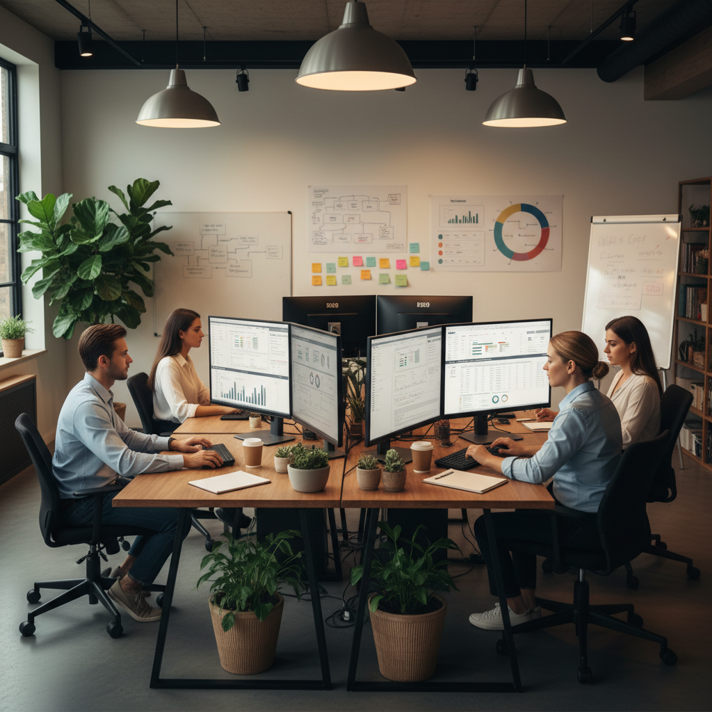 SEO specialists collaborating on affordable strategies using data analytics tools in contemporary office environment