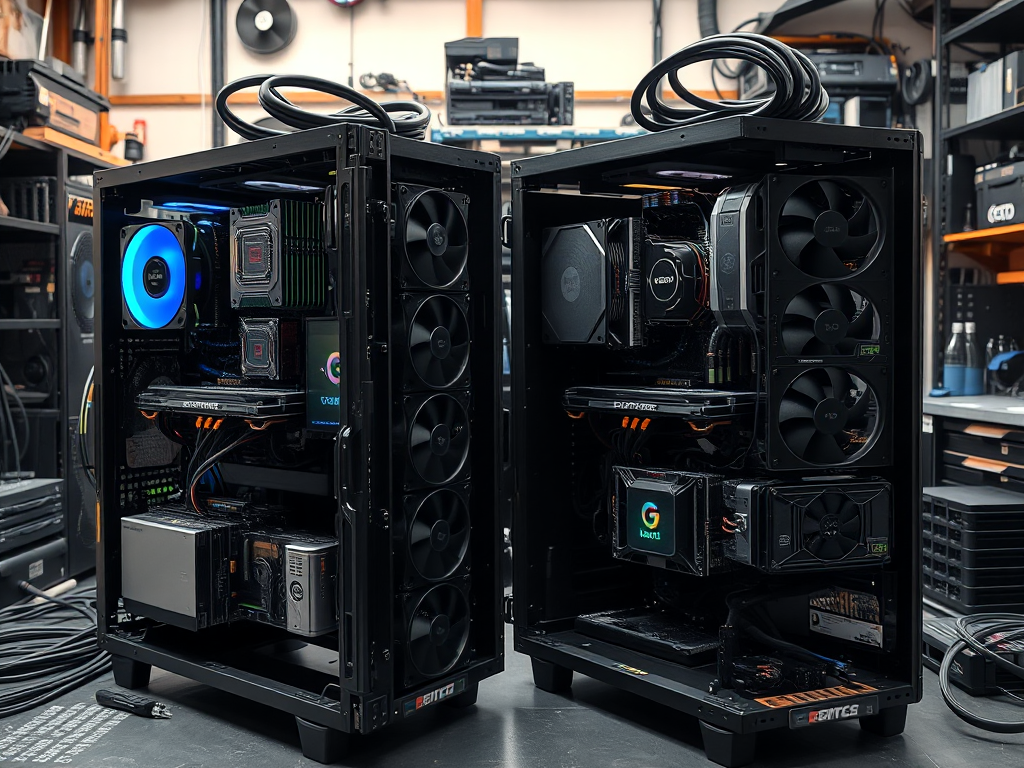 So sánh trực quan giữa hệ thống đào BNB Coin bằng CPU và GPU, hiển thị chi tiết phần cứng và thiết lập kỹ thuật trong môi trường xưởng đào coin chuyên nghiệp