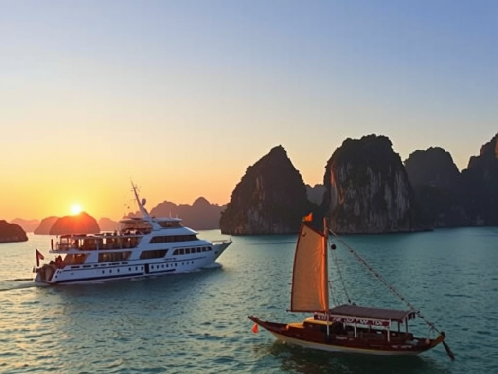 Tàu du lịch cao cấp lướt qua vịnh Hạ Long vào lúc hoàng hôn, các hòn đảo đá vôi hiện ra ấn tượng trên nền trời vàng rực, mặt nước trong xanh phản chiếu ánh sáng ấm áp tạo nên khung cảnh thơ mộng tu...