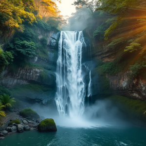 Thác Dải Yếm Mộc Châu với dòng nước trắng xóa đổ từ trên cao xuống vách đá, bao quanh bởi rừng cây xanh mướt và sương mù tạo nên khung cảnh thiên nhiên hùng vĩ