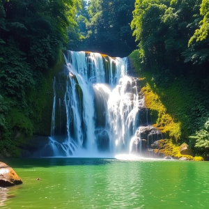 Thác Nàng Tiên Mộc Châu - Thác nước hùng vĩ đổ xuống giữa rừng xanh mướt, ánh sáng mặt trời xuyên qua làn sương mù, tạo nên khung cảnh thiên nhiên hoang sơ tuyệt đẹp