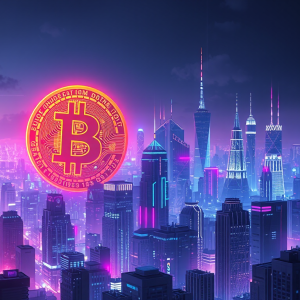 Thành phố tương lai với biểu tượng Bitcoin tích hợp vào bầu trời, dòng dữ liệu tiền điện tử chảy qua các tòa nhà, ánh sáng neon xanh và tím, phong cách cyberpunk