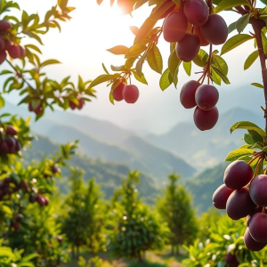 Thung lũng mận Mu Náu Mộc Châu với cây mận trĩu quả chín mọng màu tím, ánh nắng mùa hè vàng rực, khung cảnh núi non hùng vĩ phía xa