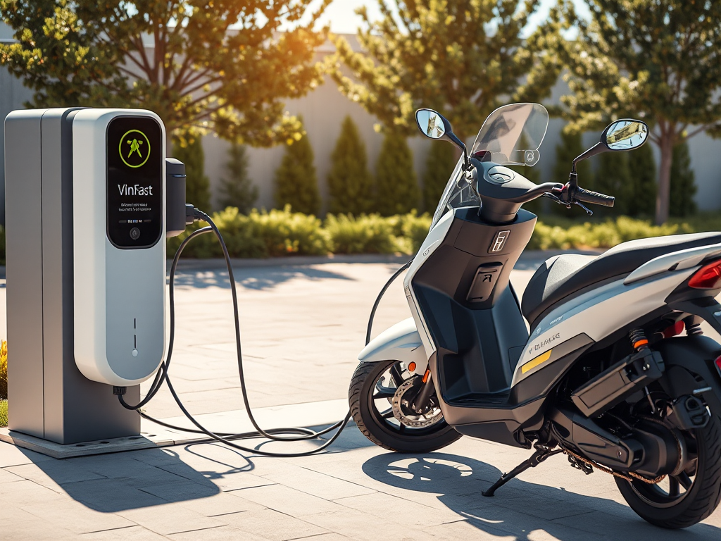 Trạm sạc xe máy điện VinFast hiện đại ngoài trời với xe đang được sạc, thiết kế tối giản, ánh sáng tự nhiên, thể hiện công nghệ tiên tiến