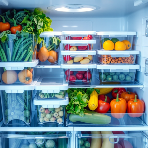 Tủ lạnh hiện đại chứa đầy rau củ quả tươi ngon được bảo quản trong các hộp đựng ngăn nắp, ánh sáng mát mẻ tạo cảm giác sạch sẽ và tươi mới