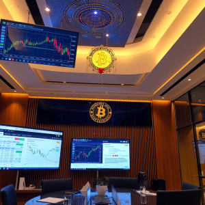 Văn phòng chính phủ Việt Nam hiện đại với màn hình hiển thị biểu đồ Bitcoin và tài liệu pháp lý, ánh sáng ấm áp và kiến trúc đương đại