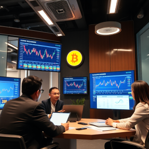 Văn phòng hiện đại tại Việt Nam với nhóm chuyên gia thảo luận về yêu cầu cấp phép Bitcoin, màn hình hiển thị biểu đồ tiền điện tử, không gian làm việc chuyên nghiệp