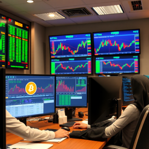 Văn phòng sàn giao dịch Bitcoin hiện đại tại Việt Nam với các nhà giao dịch đang phân tích biểu đồ trên nhiều màn hình, hiển thị dữ liệu thị trường thời gian thực