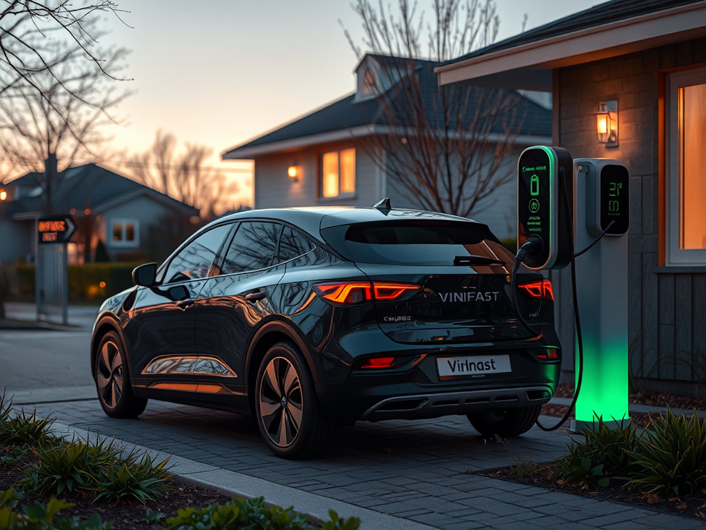 Xe điện VinFast đang sạc tại trạm sạc gia đình vào buổi tối, thể hiện lối sống thân thiện với môi trường và tiện nghi hiện đại
