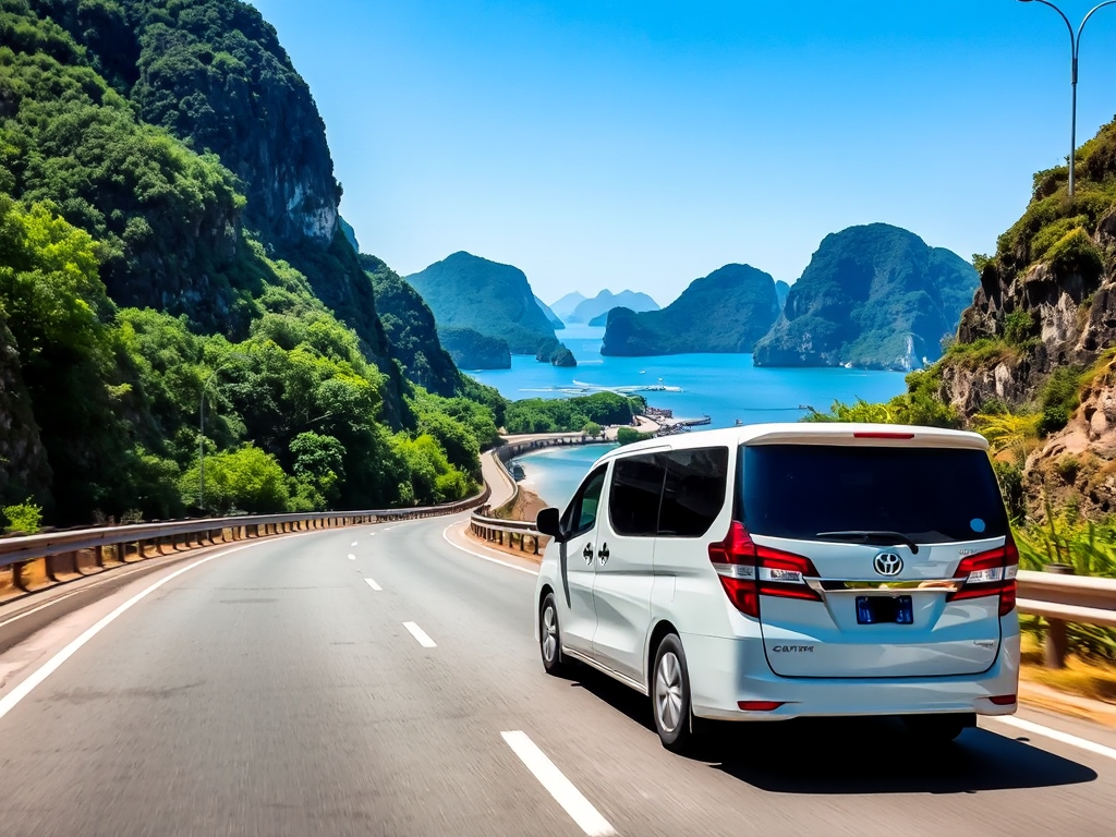 Xe khách hiện đại đang di chuyển trên đường cao tốc ven biển hướng về Vịnh Hạ Long, phía sau là núi non xanh mướt và bầu trời trong xanh, thể hiện hành trình du lịch tự túc từ Hà Nội