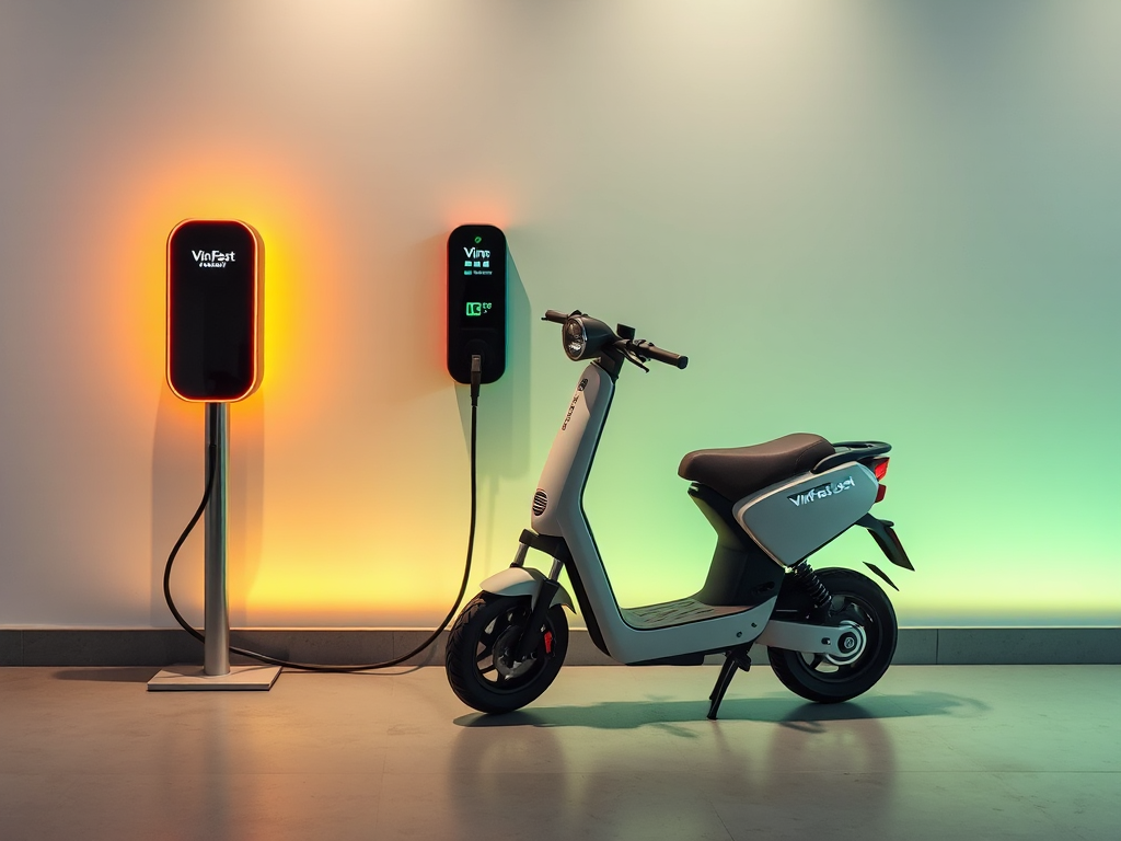Xe máy điện VinFast đang sạc pin tại trạm sạc hiện đại với thiết kế tối giản, ánh sáng dịu nhẹ tạo không gian an toàn và tiện nghi
