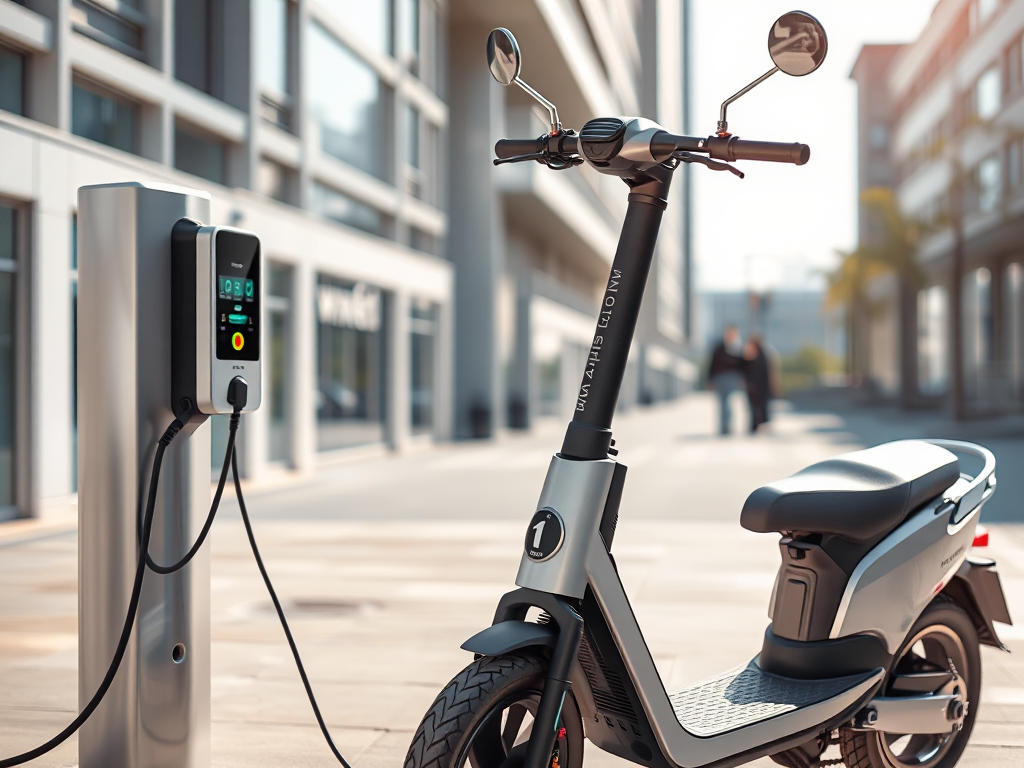 Xe máy điện VinFast đang sạc tại trạm sạc hiện đại trong khu đô thị, thể hiện khả năng vận hành và quãng đường di chuyển thực tế