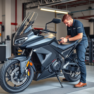 Xe máy điện VinFast được bảo dưỡng định kỳ tại trung tâm dịch vụ, kỹ thuật viên kiểm tra hệ thống pin bằng các dụng cụ chuyên dụng trong xưởng sửa chữa hiện đại