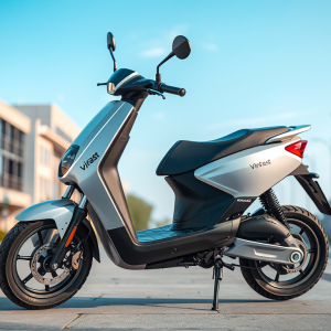 Xe máy điện VinFast hiện đại đậu trên đường phố thành phố với bầu trời xanh, thiết kế tối giản và ánh sáng tự nhiên dịu nhẹ, phong cách sống hiện đại