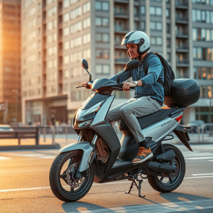 Xe máy điện VinFast hiện đại đậu trên đường phố thành phố vào lúc hoàng hôn, người lái đội mũ bảo hiểm và mặc trang phục thường ngày, tạo cảm giác tiện lợi và thân thiện với môi trường