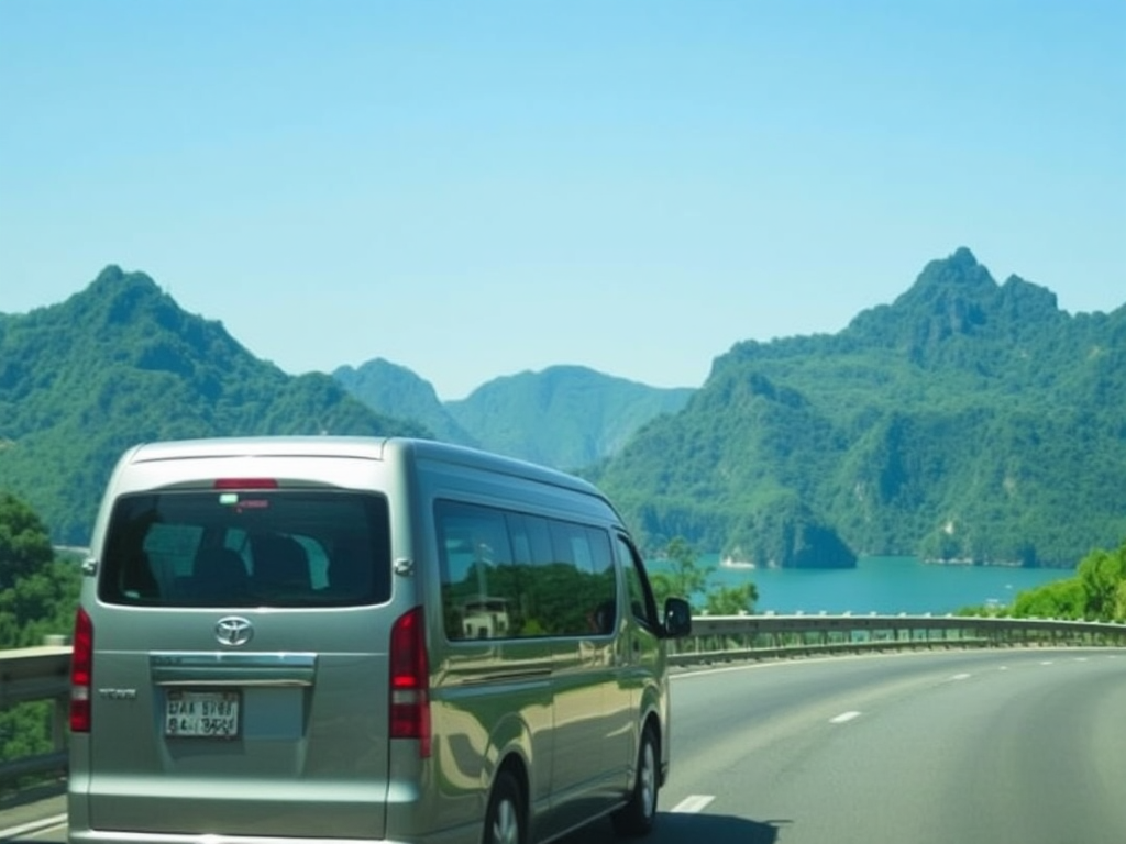 Xe ô tô hiện đại đang di chuyển trên đường cao tốc hướng đến vịnh Hạ Long, khung cảnh núi xanh và bầu trời trong xanh, thể hiện lịch trình du lịch Hạ Long 3 ngày 2 đêm